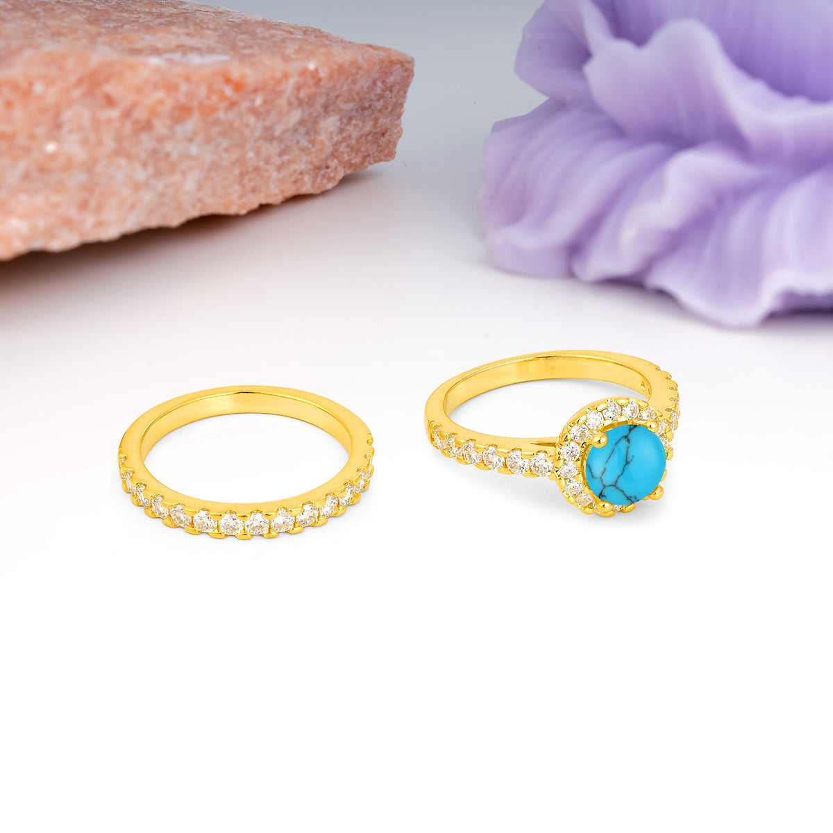 Classic, Luxurious 4-Prong Round Cut Turquoise Bridal Ring Set - Additional view