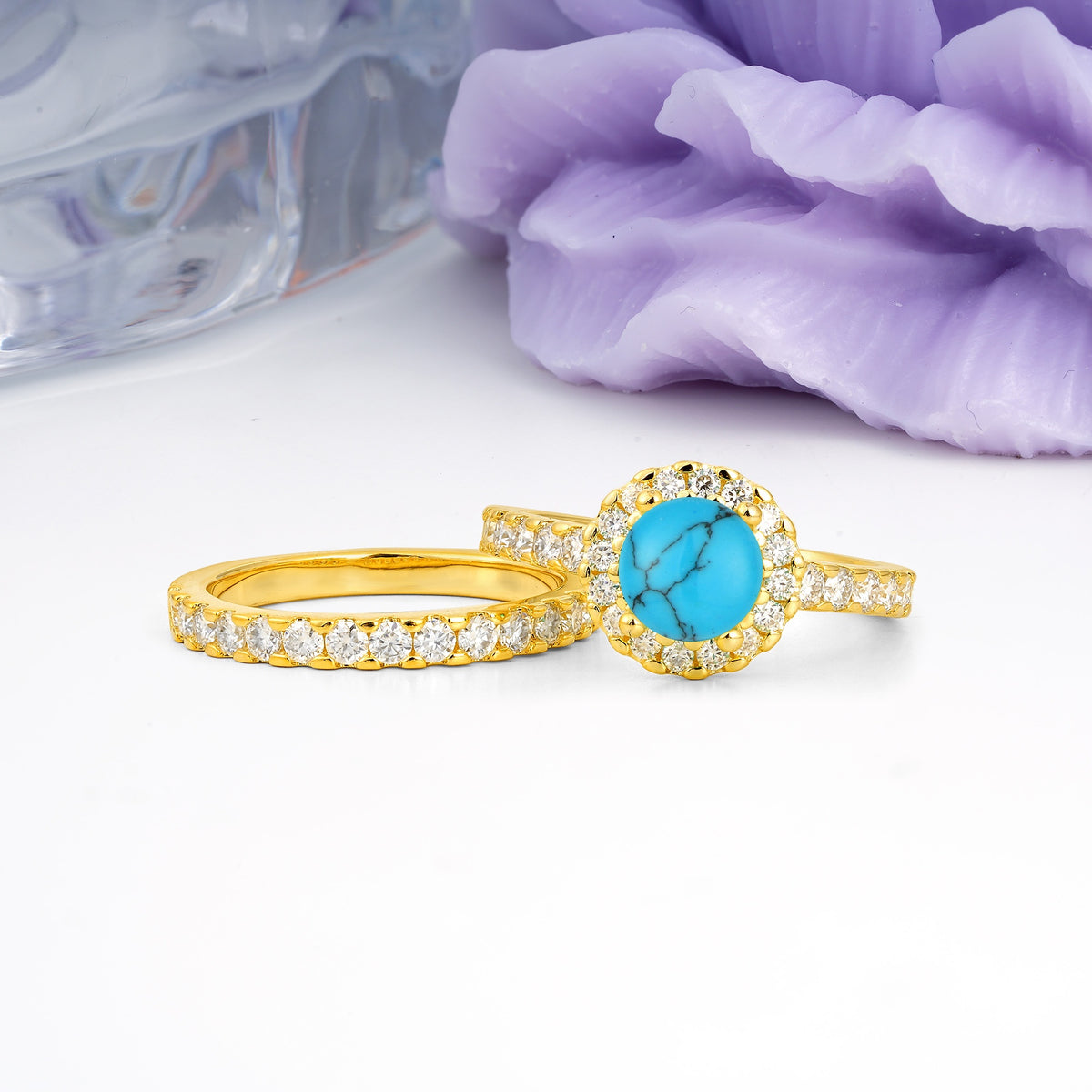 Classic, Luxurious 4-Prong Round Cut Turquoise Bridal Ring Set - Additional view