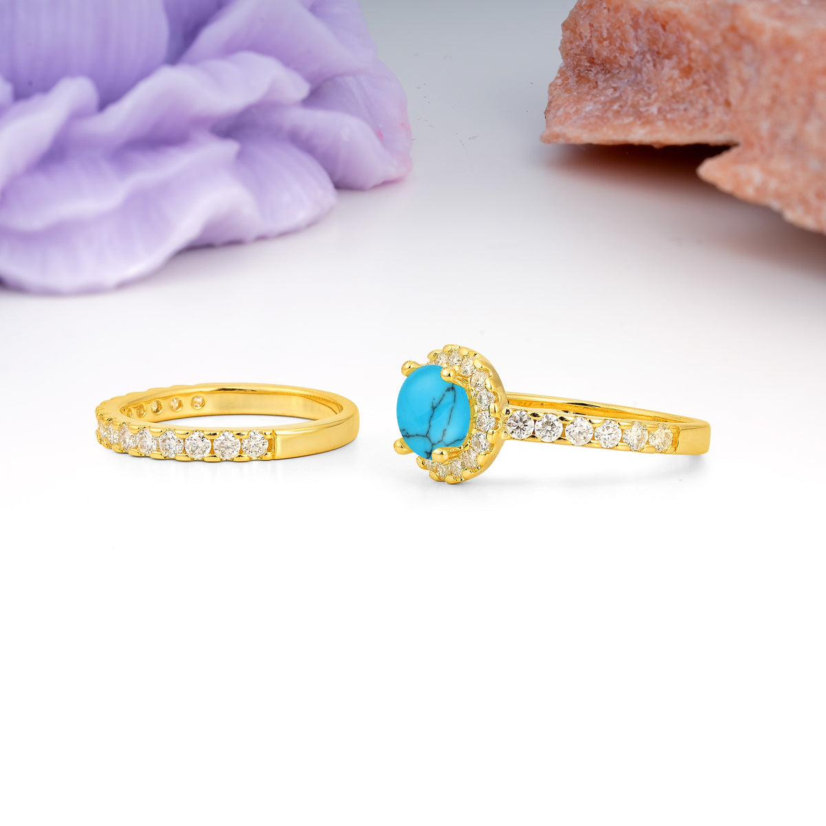 Classic, Luxurious 4-Prong Round Cut Turquoise Bridal Ring Set - Additional view