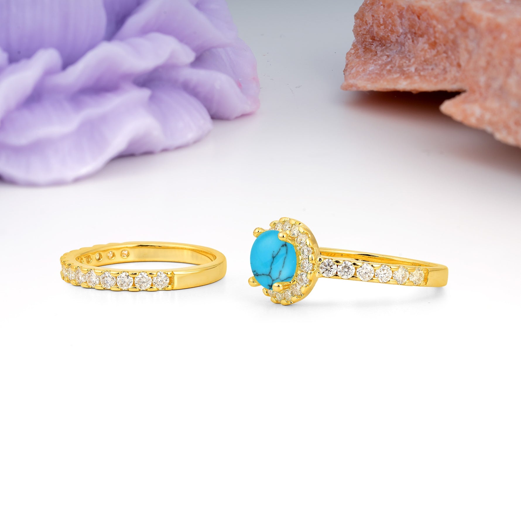 Classic, Luxurious 4-Prong Round Cut Turquoise Bridal Ring Set - Additional view
