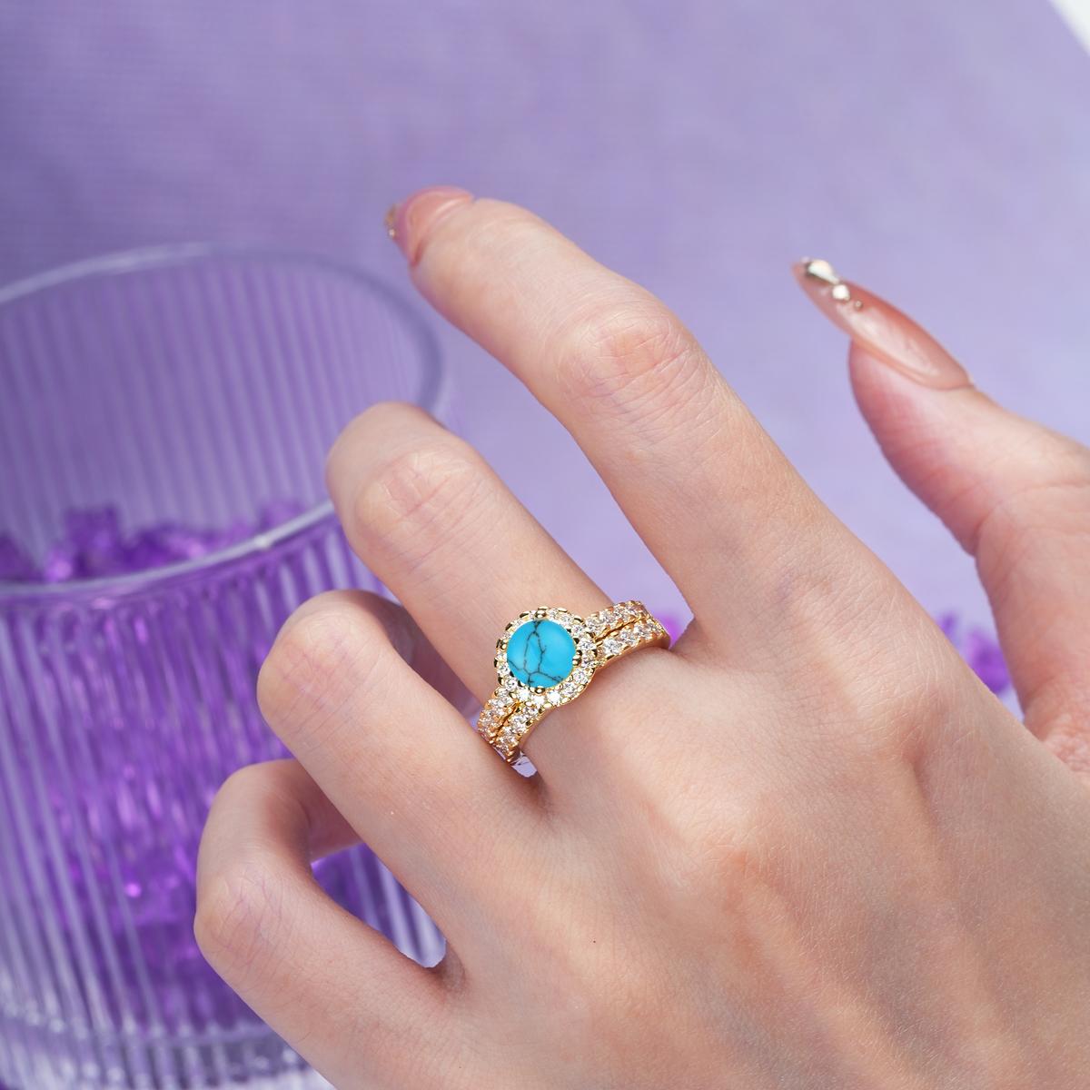 Classic, Luxurious 4-Prong Round Cut Turquoise Bridal Ring Set
