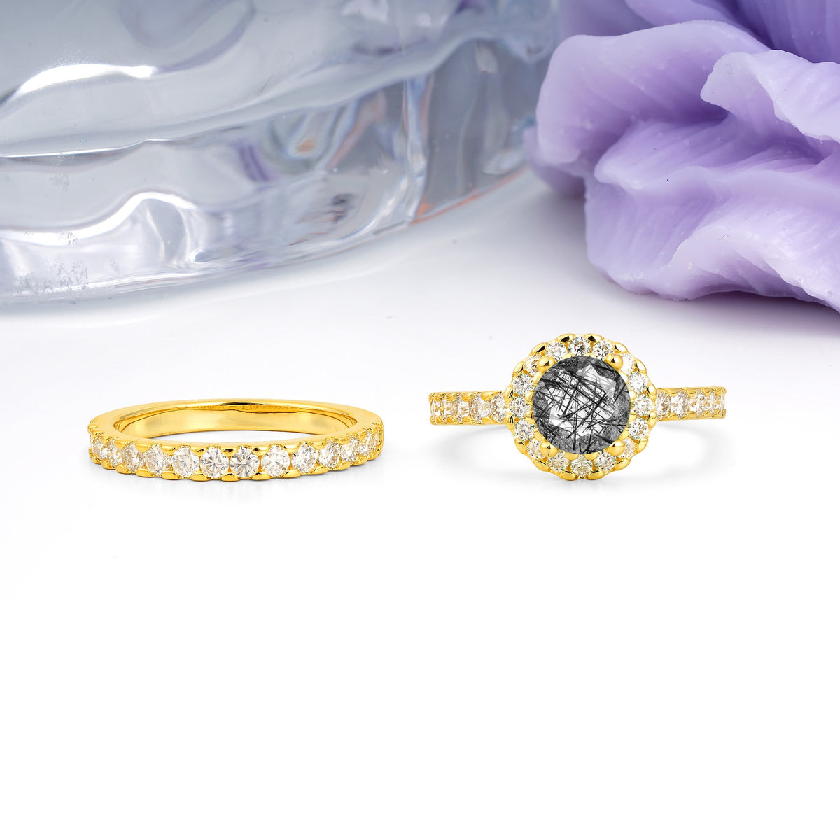 Classic, Luxurious 4-Prong Round Cut Black Rutilated Quartz Bridal Ring Set - Additional view