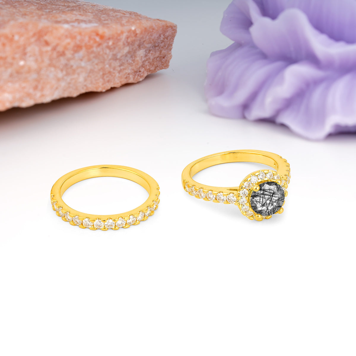 Classic, Luxurious 4-Prong Round Cut Black Rutilated Quartz Bridal Ring Set - Additional view