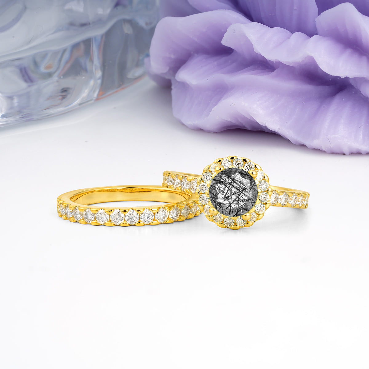 Classic, Luxurious 4-Prong Round Cut Black Rutilated Quartz Bridal Ring Set - Additional view