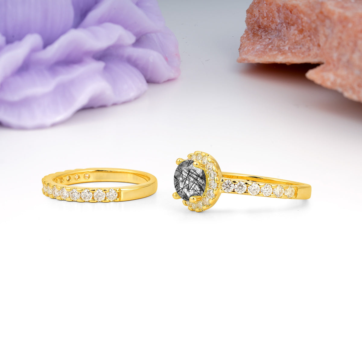 Classic, Luxurious 4-Prong Round Cut Black Rutilated Quartz Bridal Ring Set - Additional view