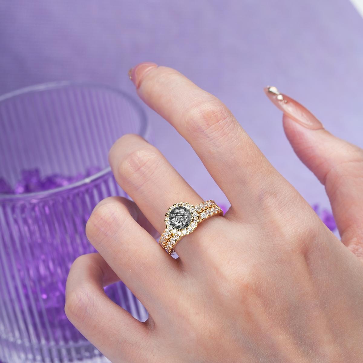 Classic, Luxurious 4-Prong Round Cut Black Rutilated Quartz Bridal Ring Set