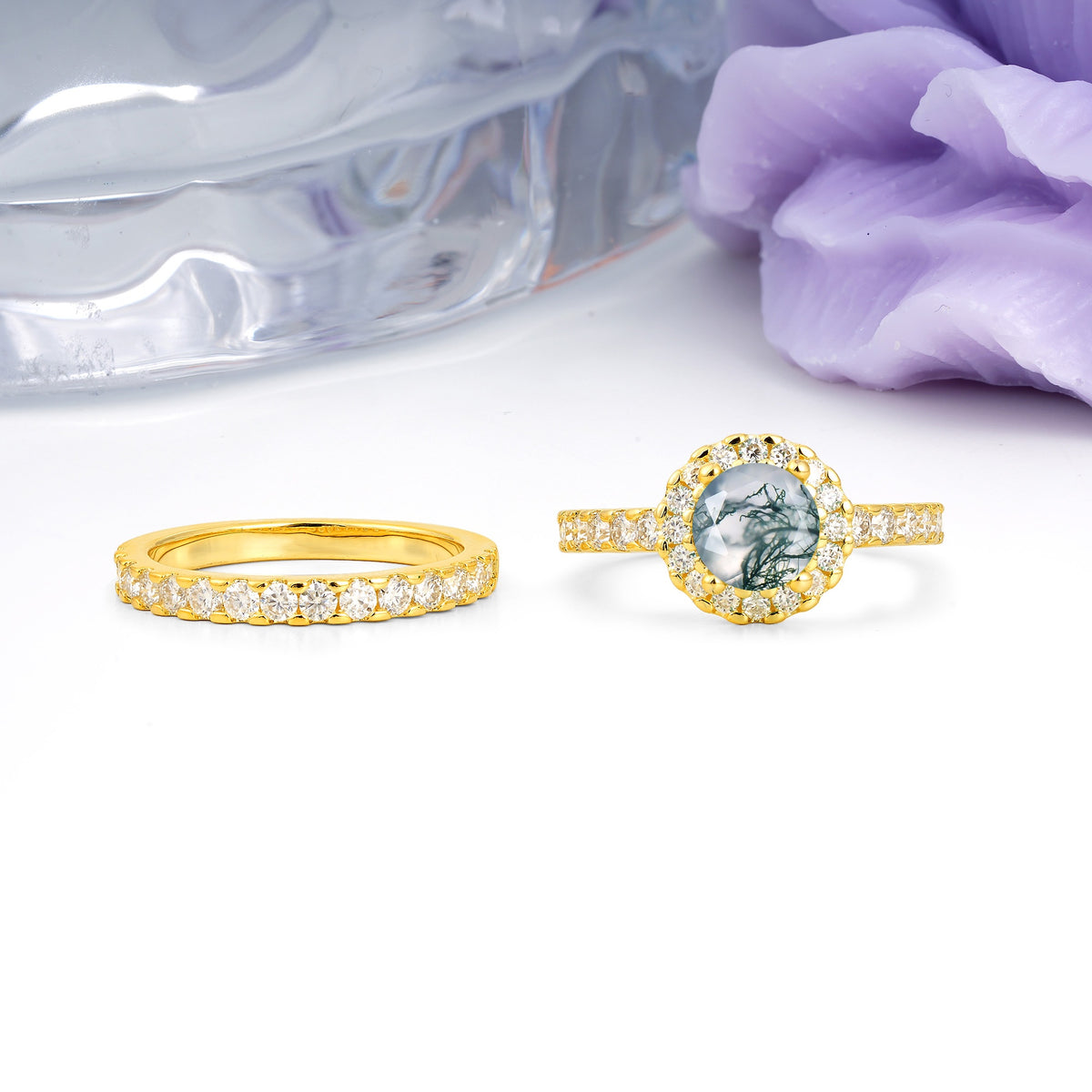 Classic, Luxurious 4-Prong Round Cut Moss Agate Bridal Ring Set - Additional view