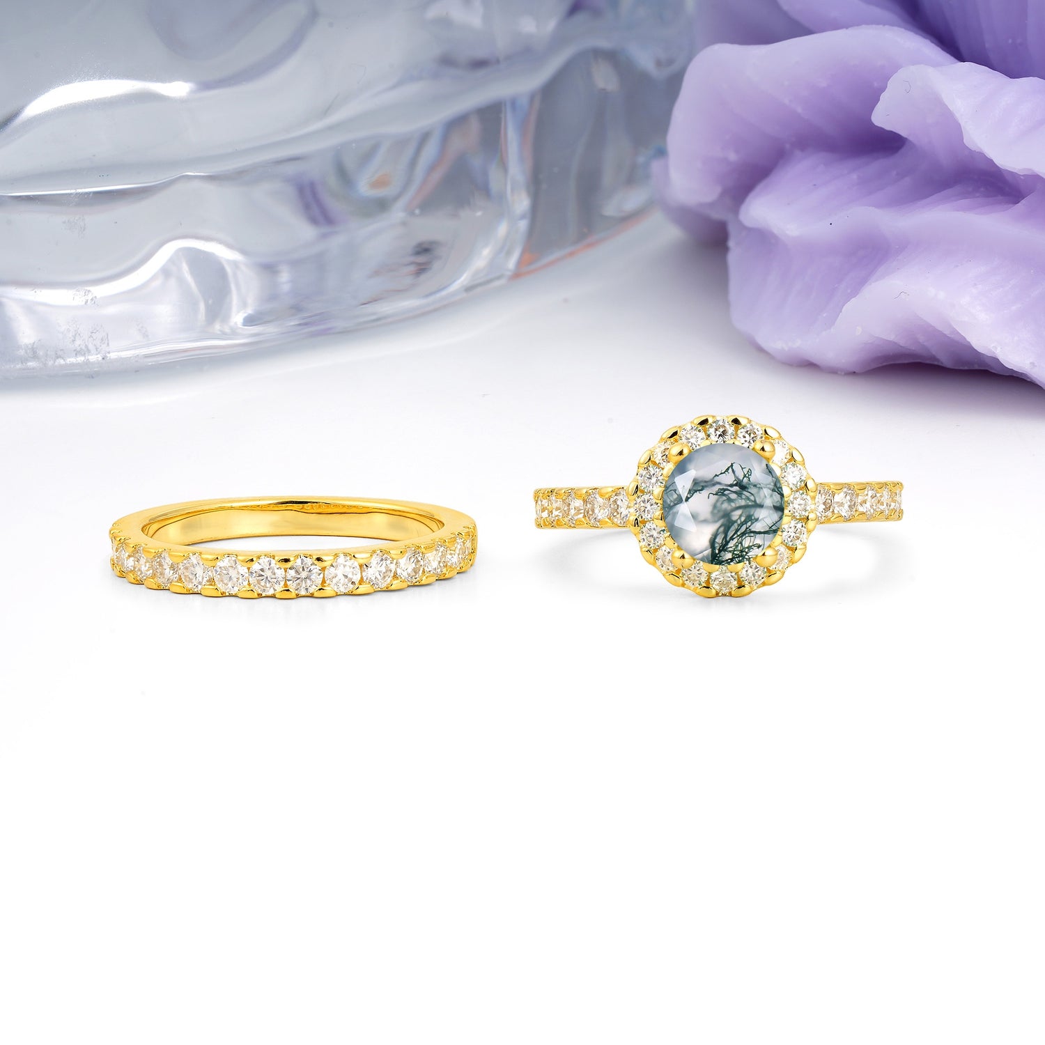 Classic, Luxurious 4-Prong Round Cut Moss Agate Bridal Ring Set - Additional view