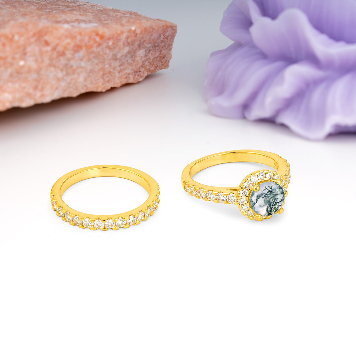 Classic, Luxurious 4-Prong Round Cut Moss Agate Bridal Ring Set - Additional view