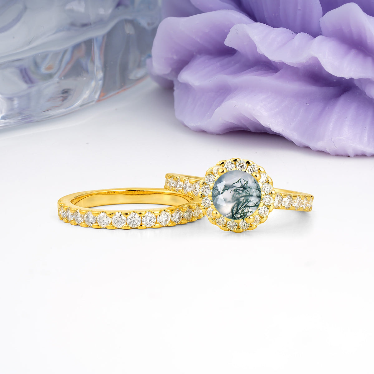 Classic, Luxurious 4-Prong Round Cut Moss Agate Bridal Ring Set - Additional view