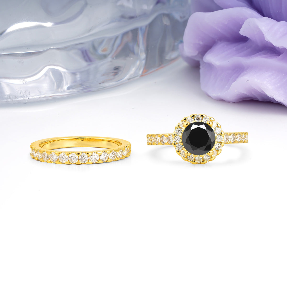 Classic, Luxurious 4-Prong Round Cut Black Onyx Bridal Ring Set - Additional view
