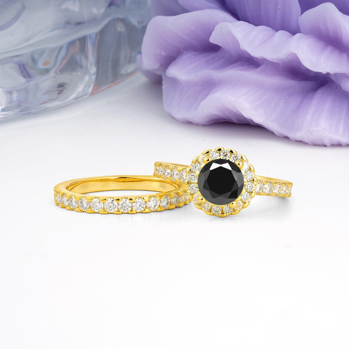 Classic, Luxurious 4-Prong Round Cut Black Onyx Bridal Ring Set - Additional view