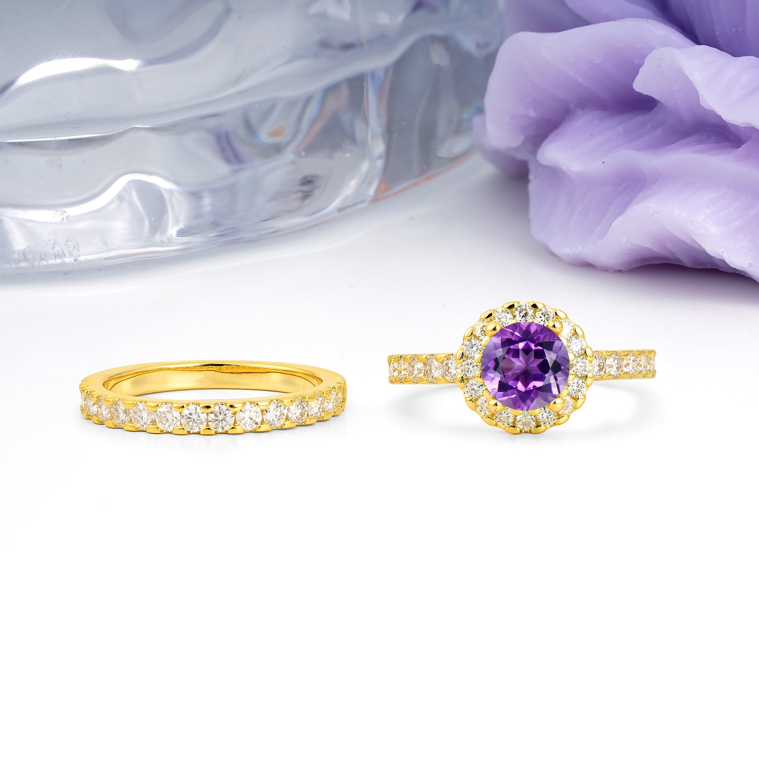 Classic, Luxurious 4-Prong Round Cut Amethyst Bridal Ring Set - Additional view