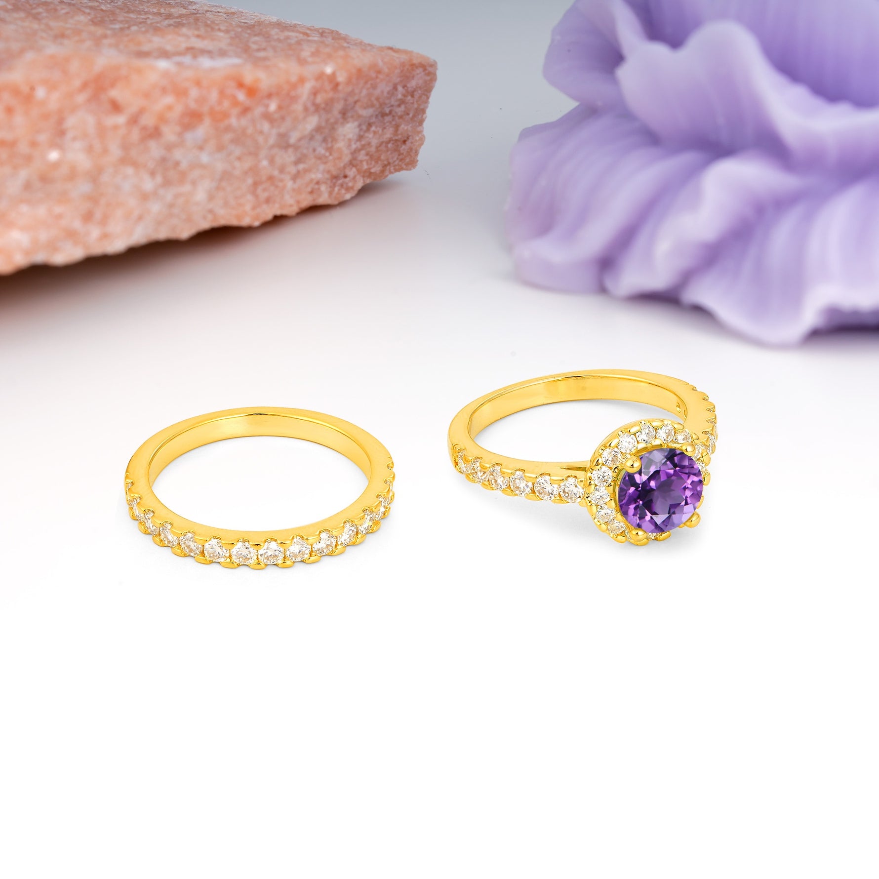 Classic, Luxurious 4-Prong Round Cut Amethyst Bridal Ring Set - Additional view