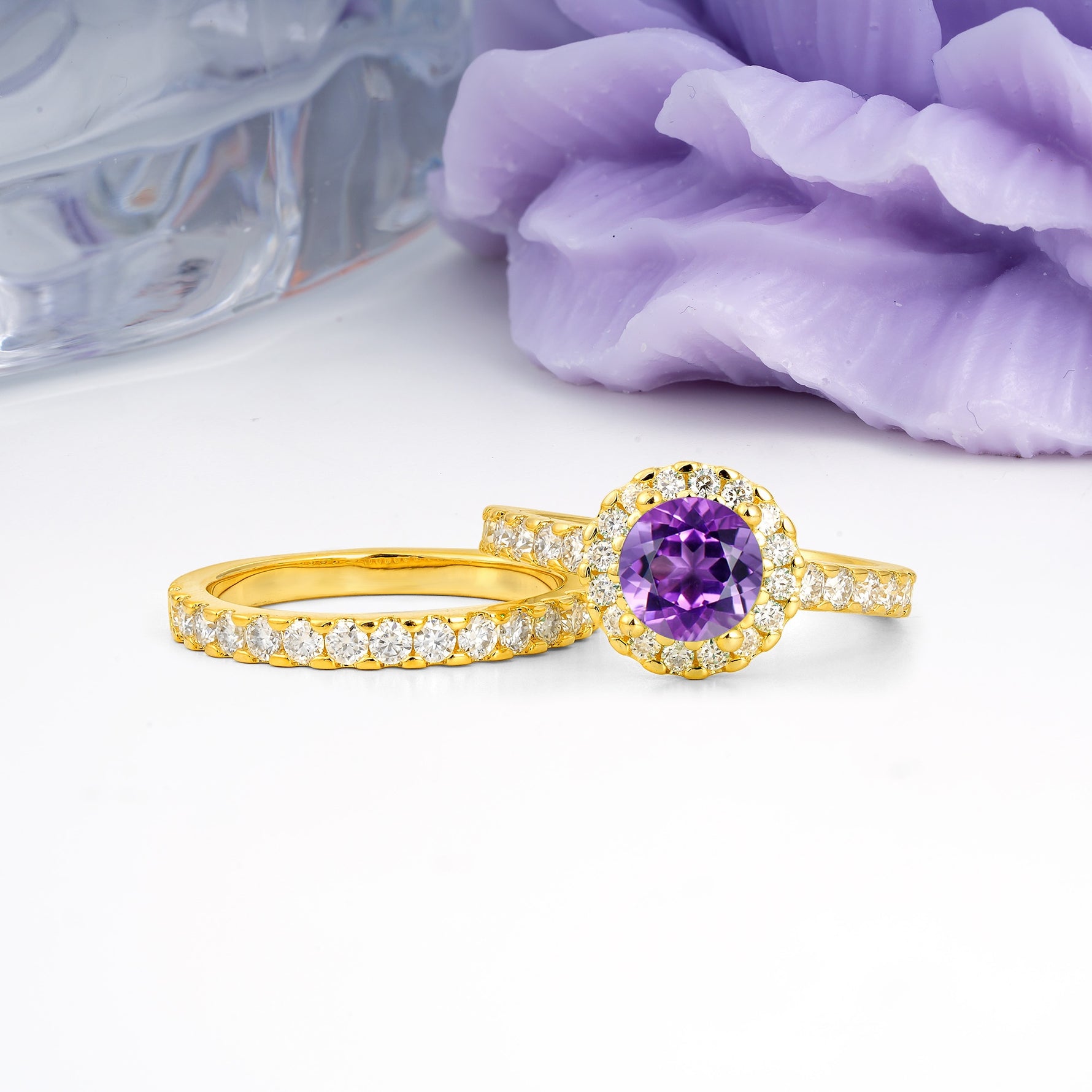Classic, Luxurious 4-Prong Round Cut Amethyst Bridal Ring Set - Additional view