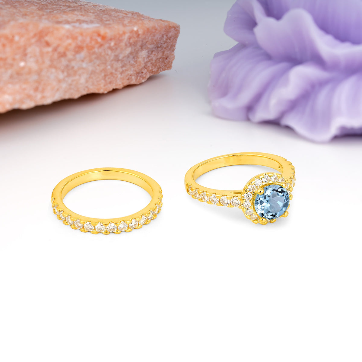 Classic, Luxurious 4-Prong Round Cut Aquamarine Bridal Ring Set - Additional view