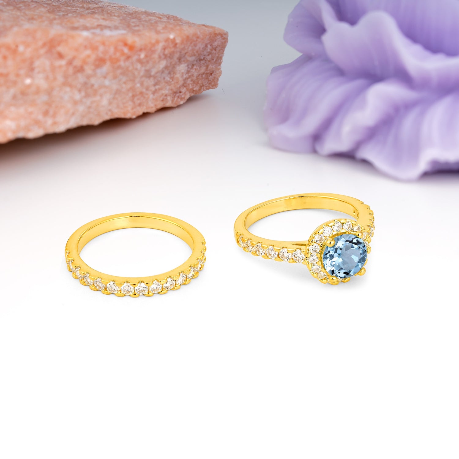 Classic, Luxurious 4-Prong Round Cut Aquamarine Bridal Ring Set - Additional view