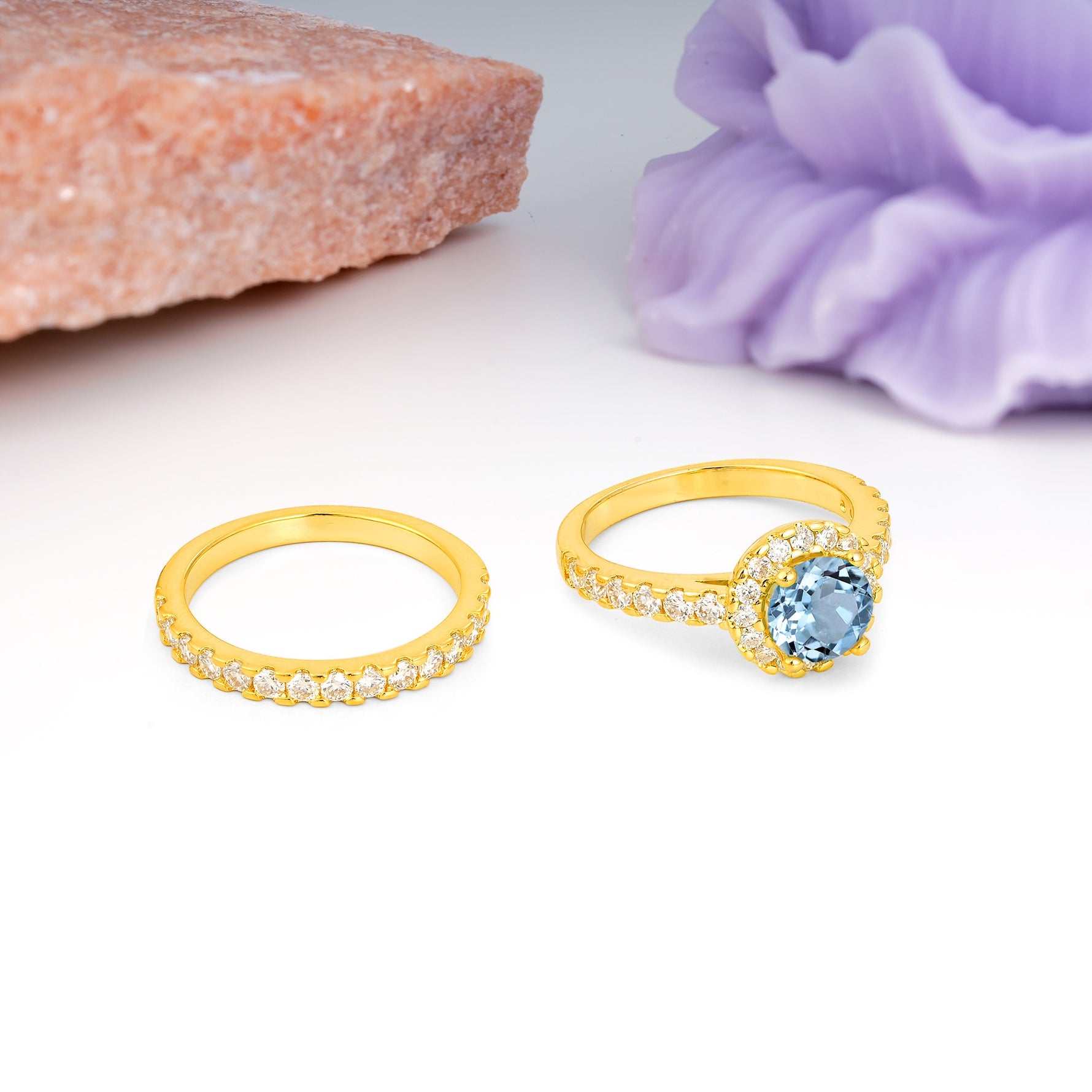 Classic, Luxurious 4-Prong Round Cut Aquamarine Bridal Ring Set - Additional view