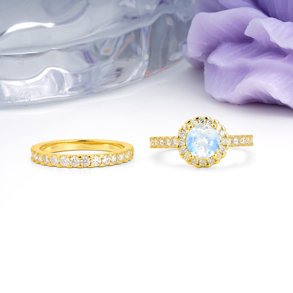 Classic, Luxurious 4-Prong Round Cut Moonstone Bridal Ring Set - Additional view