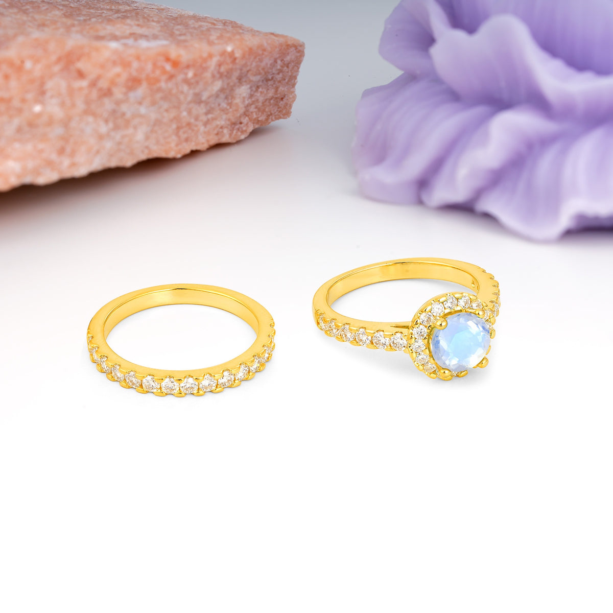 Classic, Luxurious 4-Prong Round Cut Moonstone Bridal Ring Set - Additional view