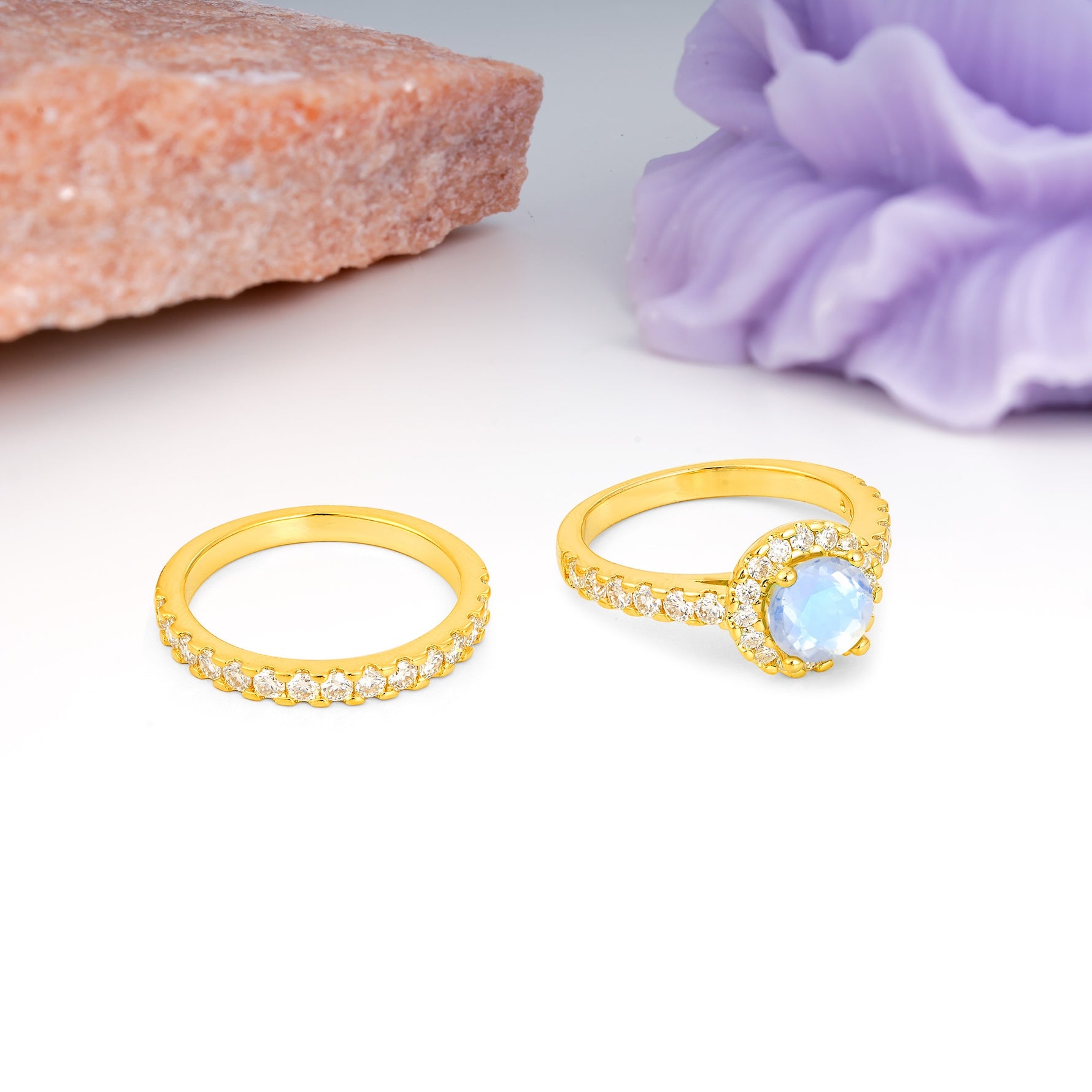 Classic, Luxurious 4-Prong Round Cut Moonstone Bridal Ring Set - Additional view