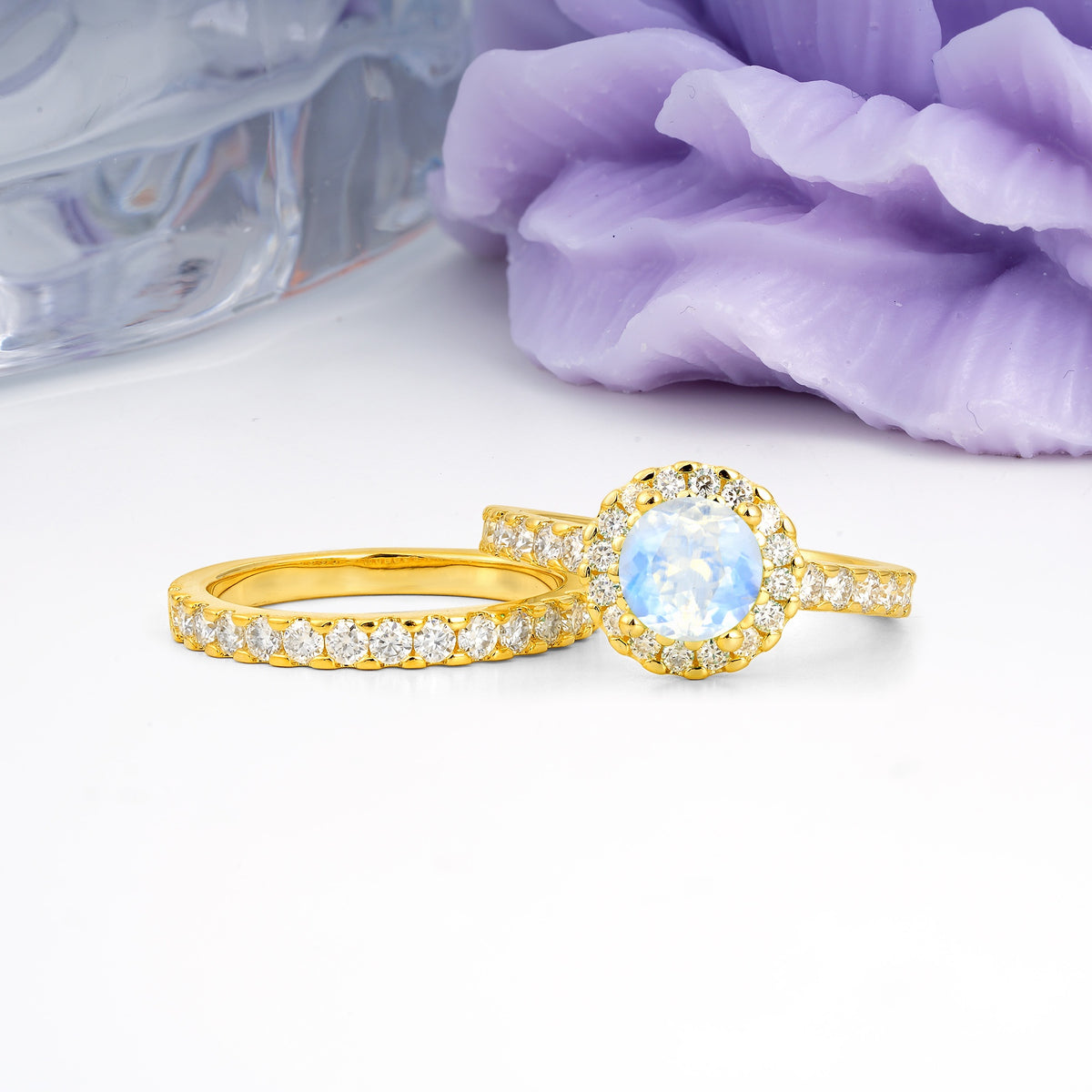 Classic, Luxurious 4-Prong Round Cut Moonstone Bridal Ring Set - Additional view