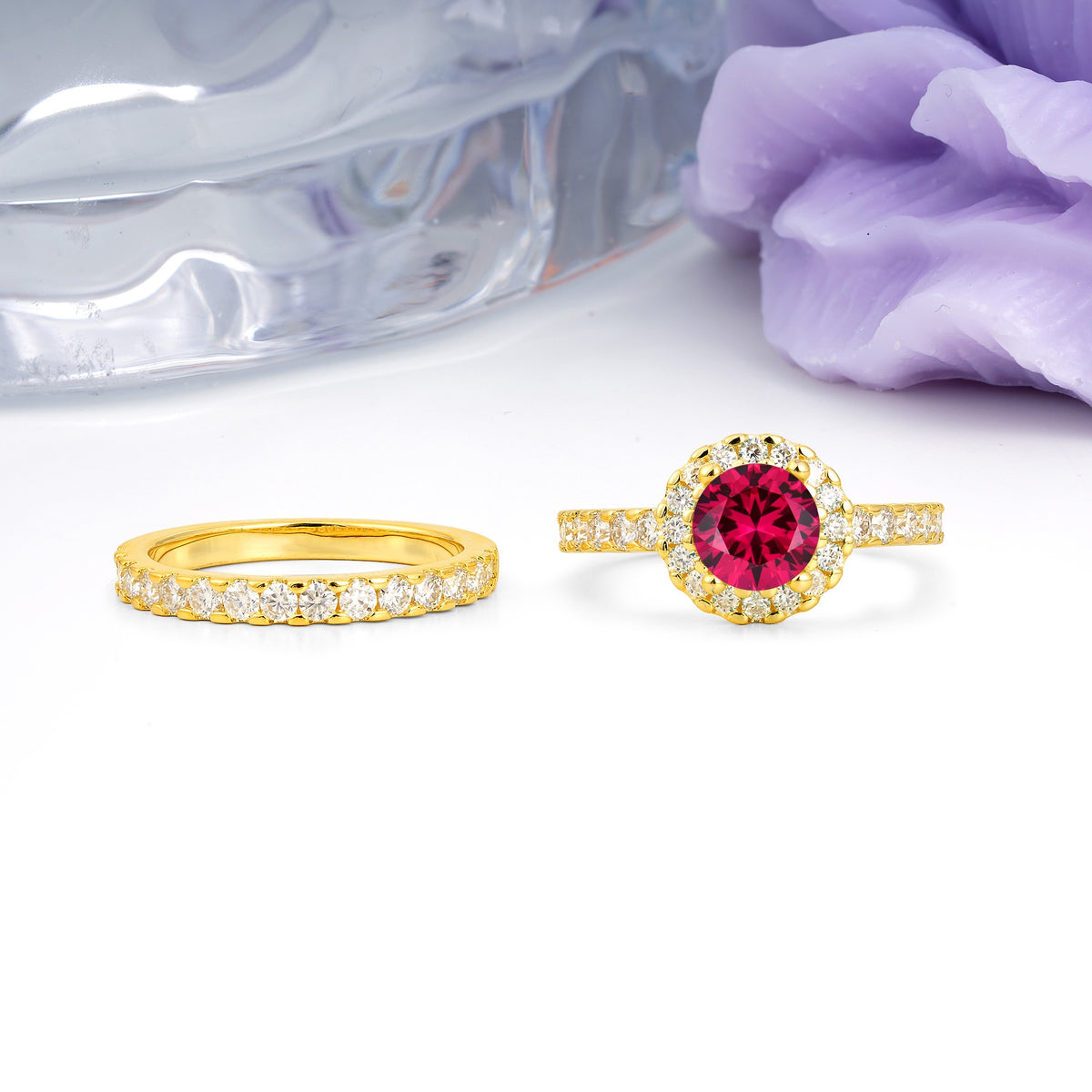 Classic, Luxurious 4-Prong Round Cut Ruby Bridal Ring Set - Additional view
