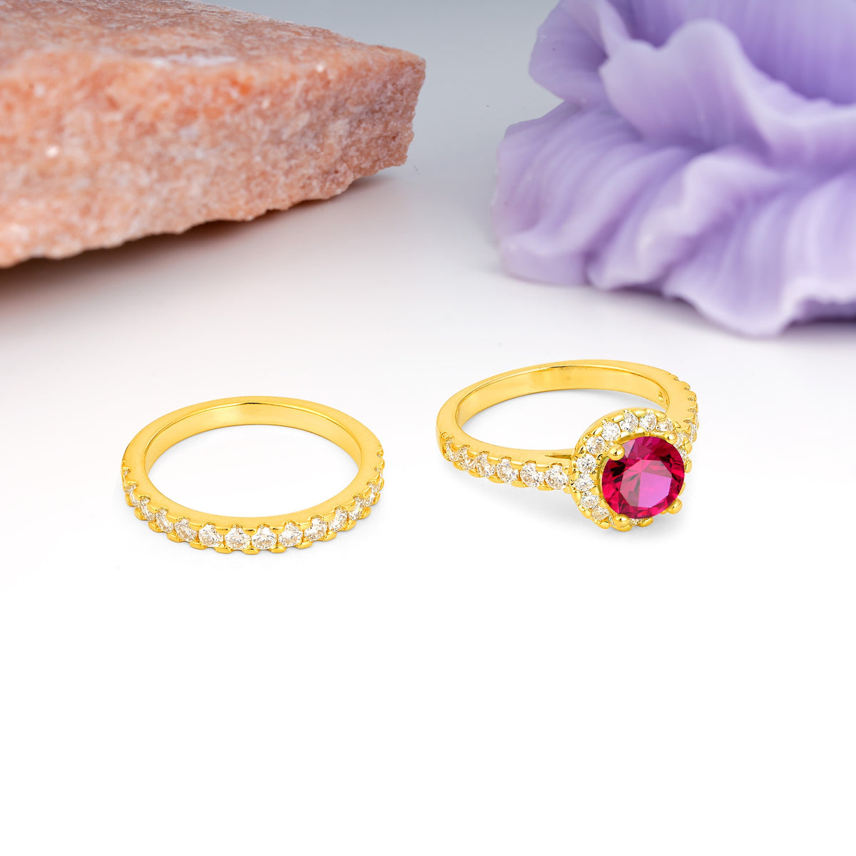 Classic, Luxurious 4-Prong Round Cut Ruby Bridal Ring Set - Additional view