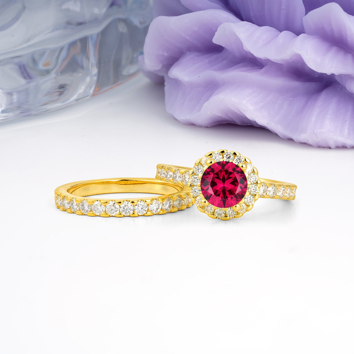 Classic, Luxurious 4-Prong Round Cut Ruby Bridal Ring Set - Additional view