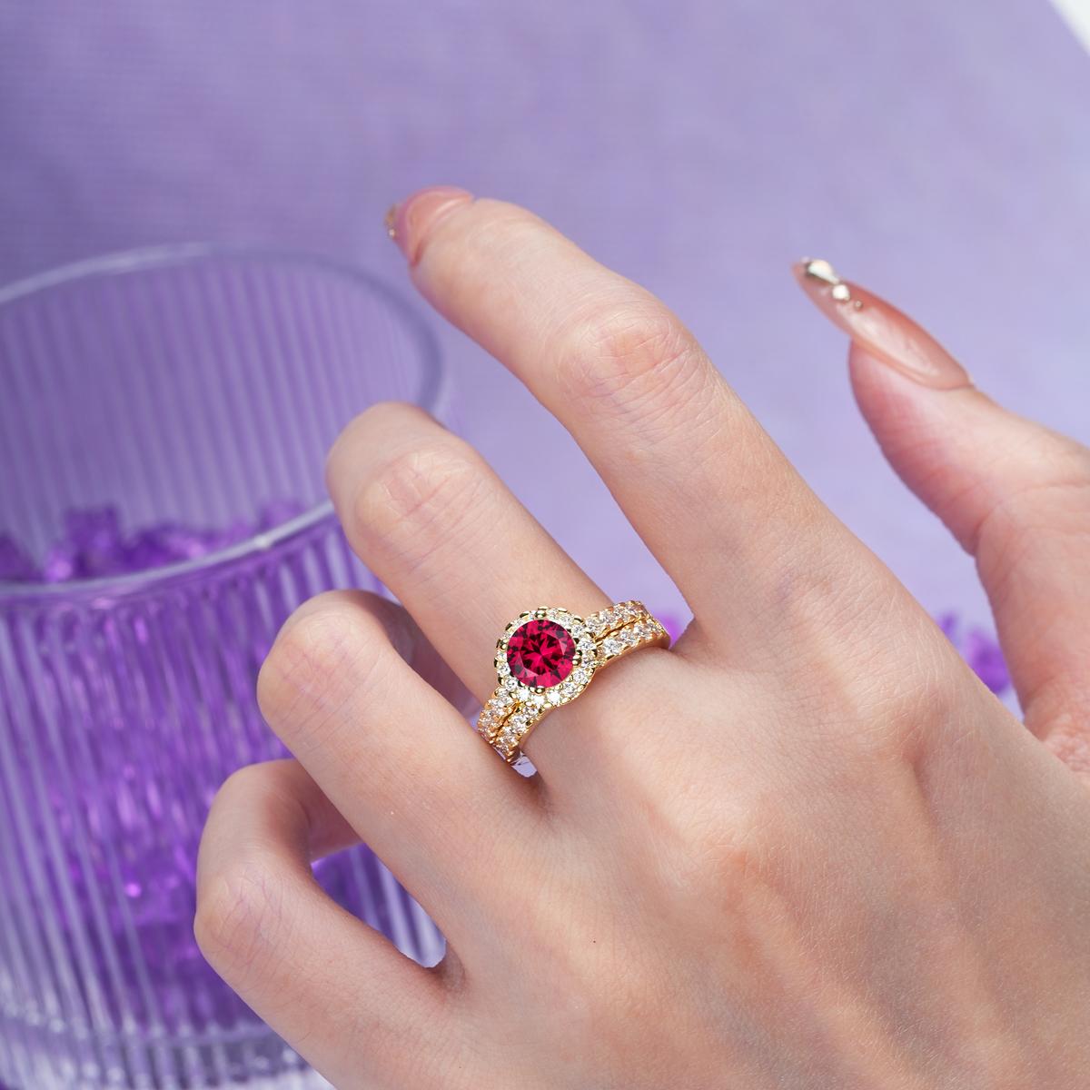 Classic, Luxurious 4-Prong Round Cut Ruby Bridal Ring Set