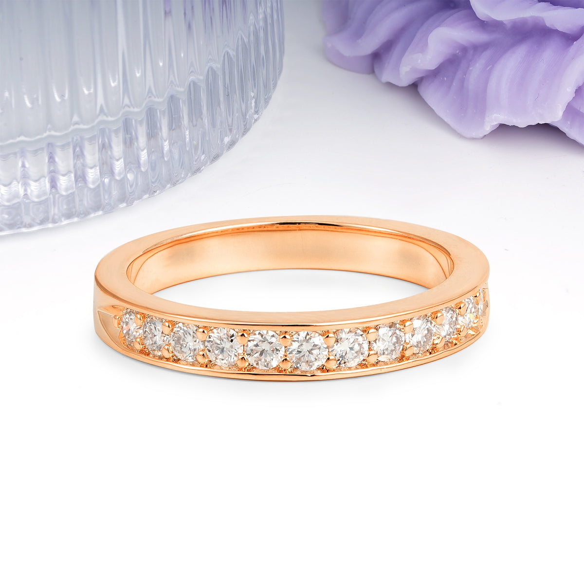 Half Eternity Channel Set Continuous Round Cut Flat Edge Moissanite Wedding Ring - Additional view