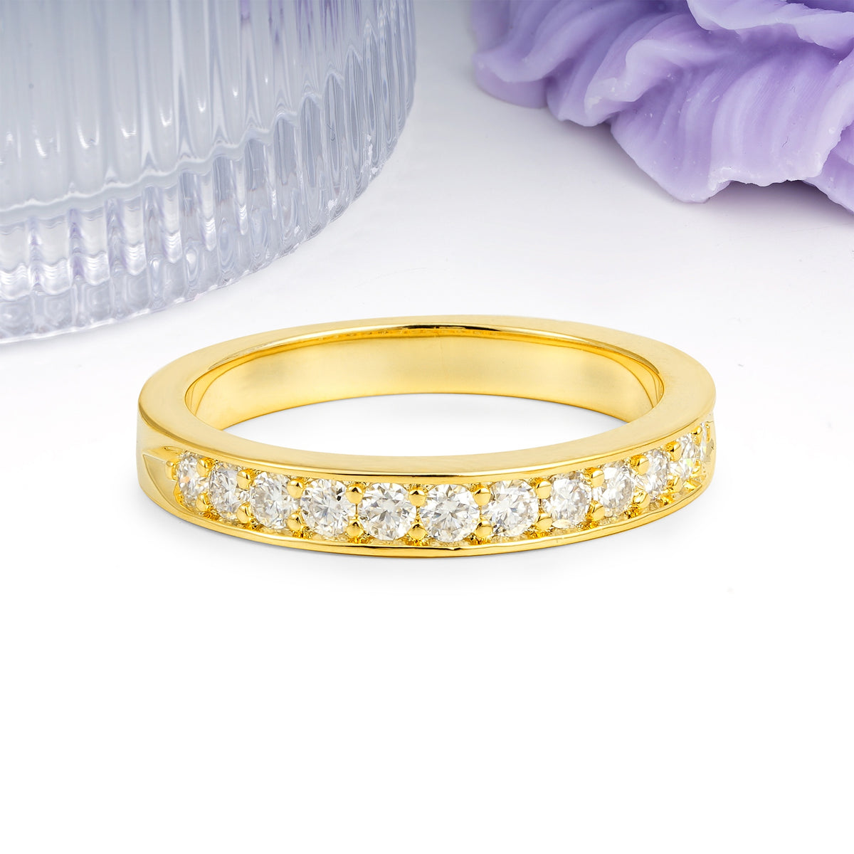 Half Eternity Channel Set Continuous Round Cut Flat Edge Moissanite Wedding Ring - Additional view