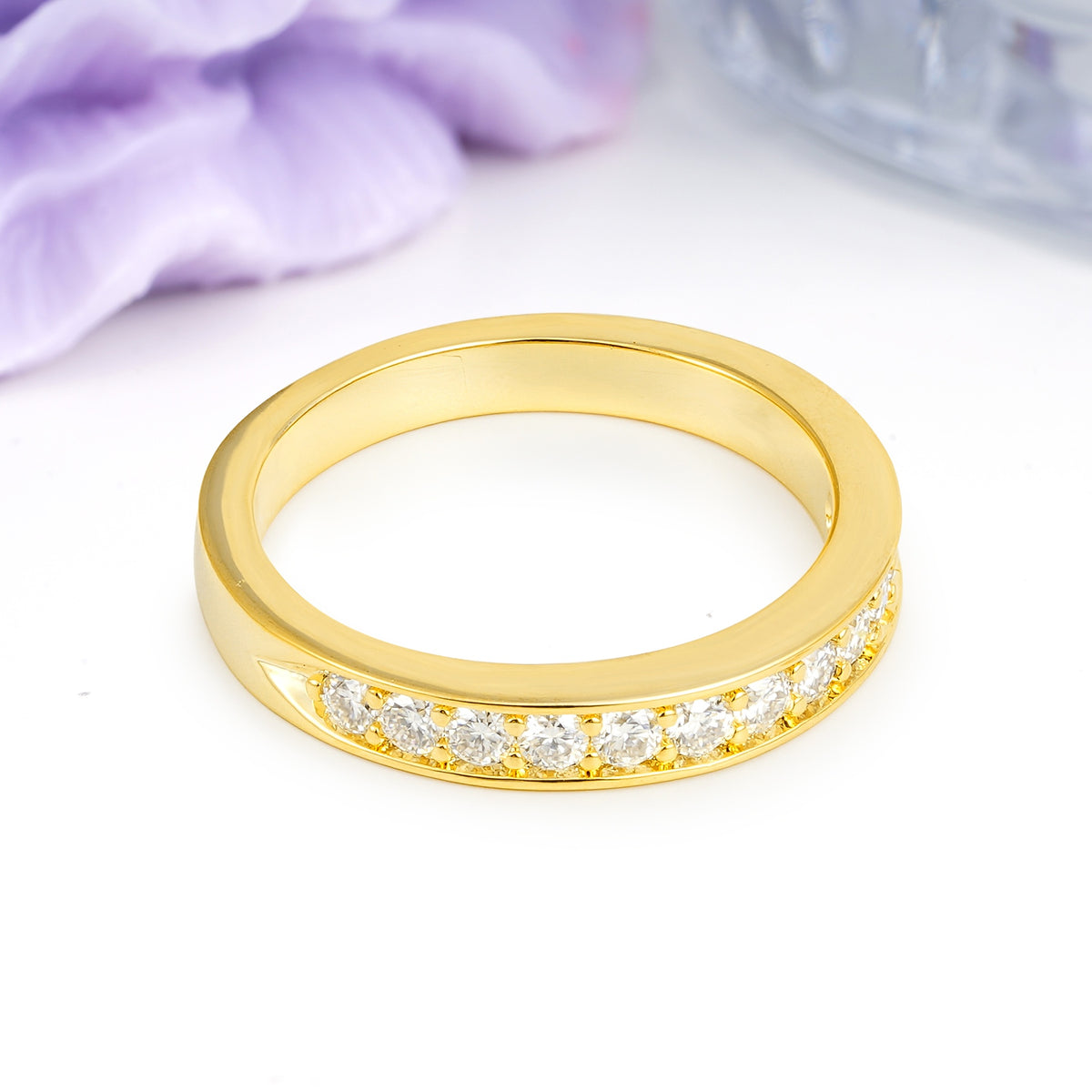 Half Eternity Channel Set Continuous Round Cut Flat Edge Moissanite Wedding Ring - Additional view