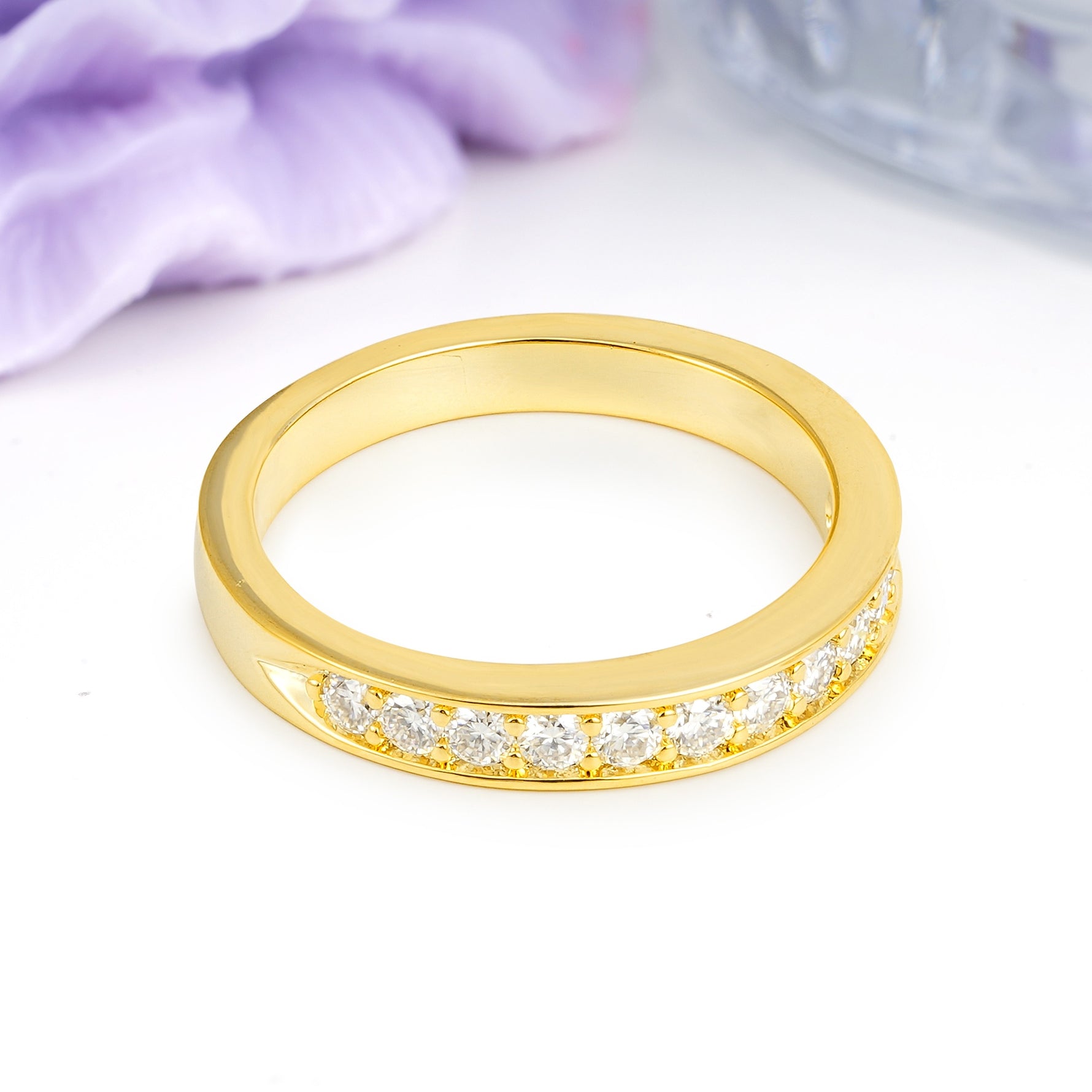 Half Eternity Channel Set Continuous Round Cut Flat Edge Moissanite Wedding Ring - Additional view