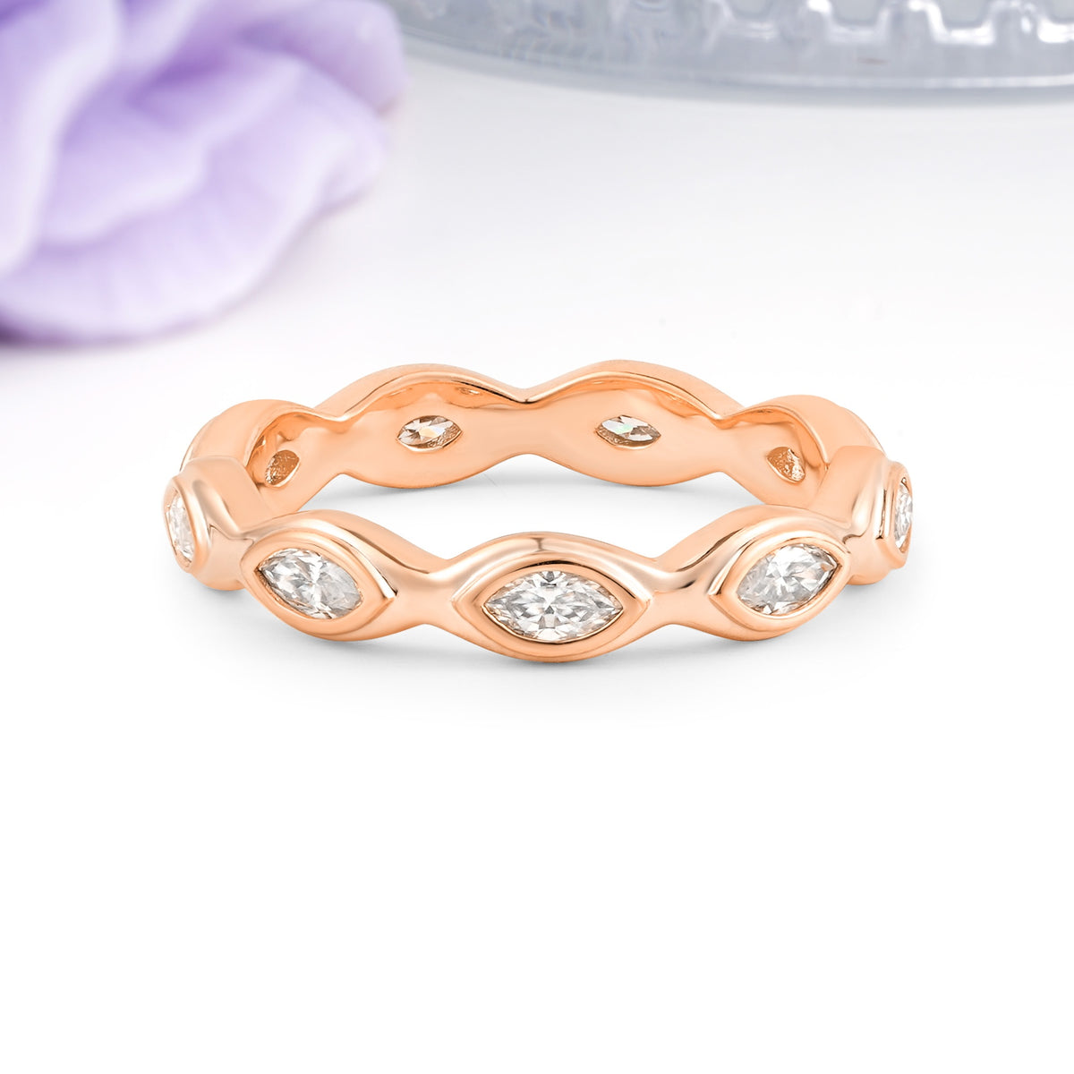 Organic Flowing Curve All-Around Marquise Cut Comfort Fit Moissanite Wedding Ring - Additional view