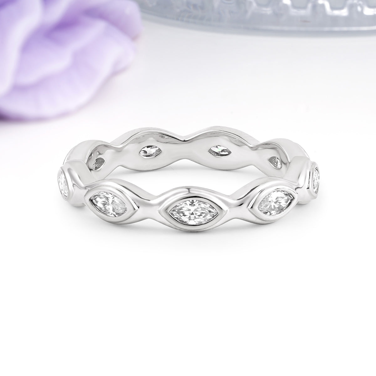Organic Flowing Curve All-Around Marquise Cut Comfort Fit Moissanite Wedding Ring - Additional view