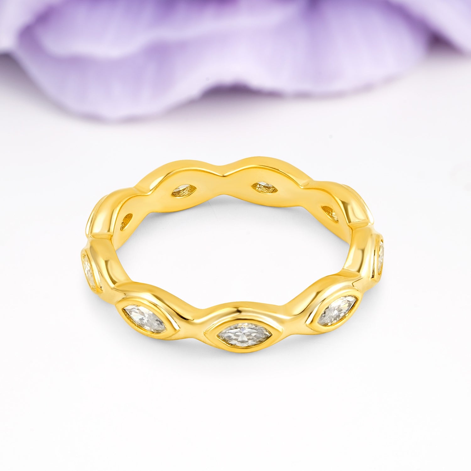 Organic Flowing Curve All-Around Marquise Cut Comfort Fit Moissanite Wedding Ring
