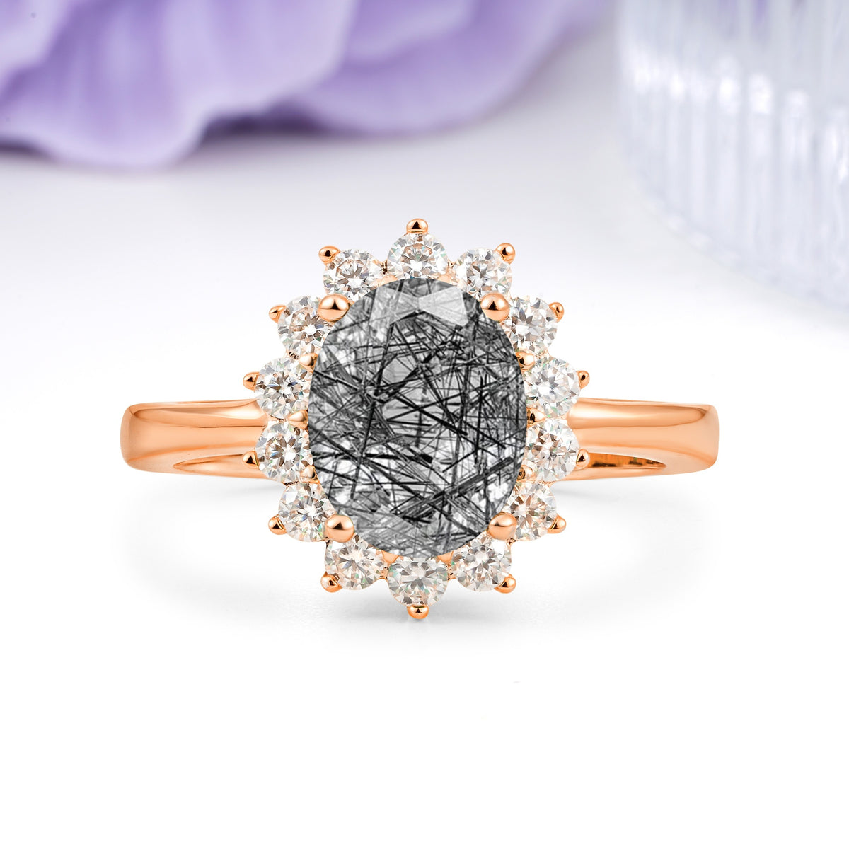 Luxury Classic 4-Prong Oval Cut Black Rutilated Quartz Engagement Ring - Additional view