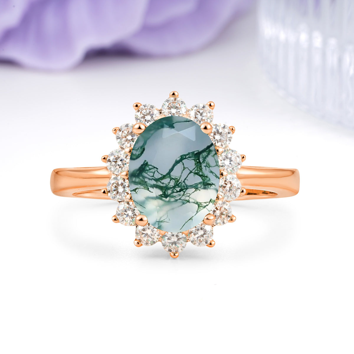 Luxury Classic 4-Prong Oval Cut Moss Agate Engagement Ring - Additional view