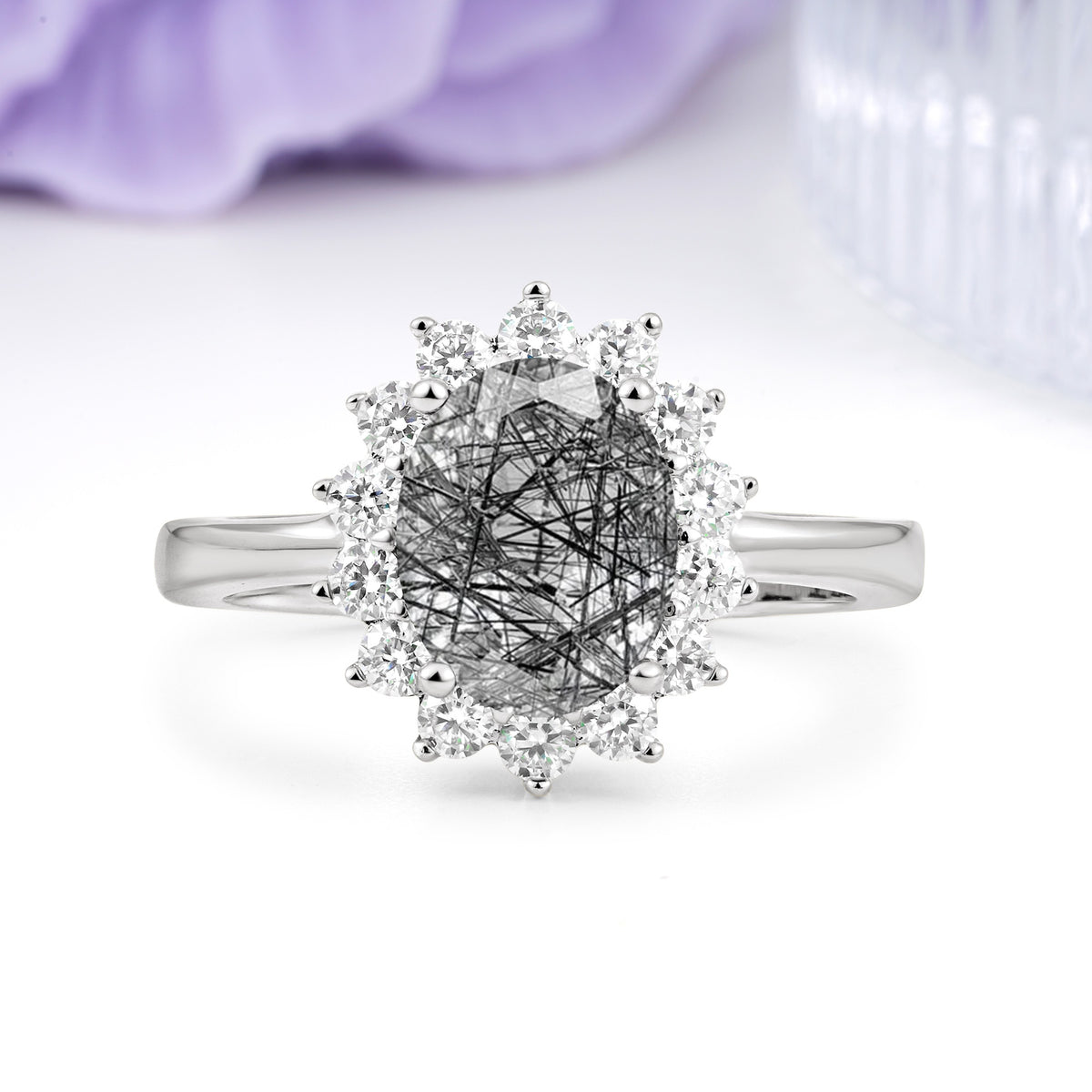 Luxury Classic 4-Prong Oval Cut Black Rutilated Quartz Engagement Ring - Additional view