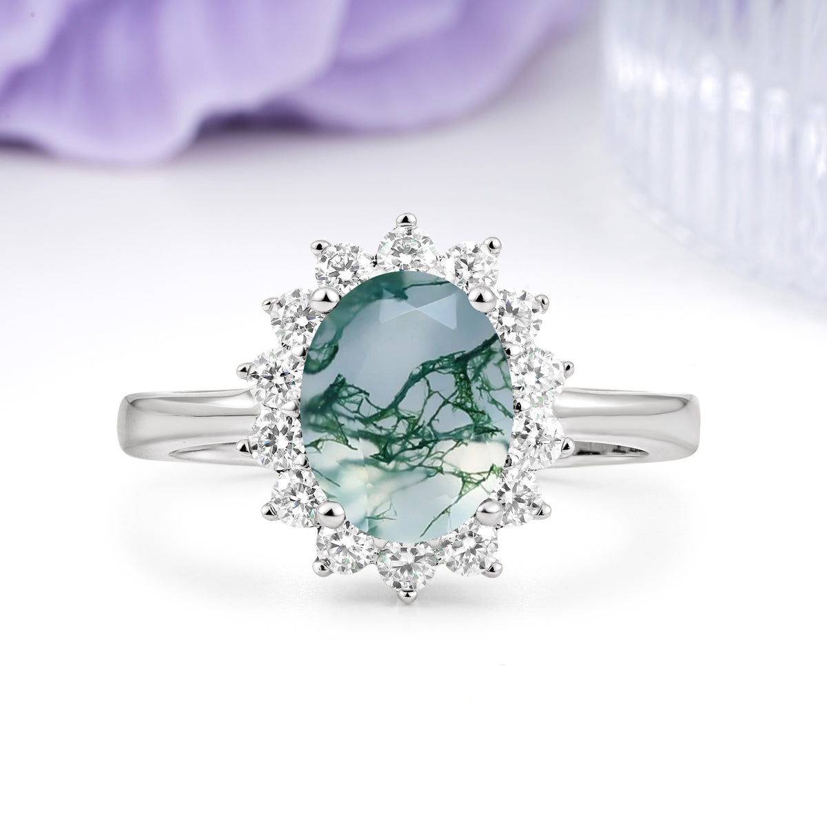 Luxury Classic 4-Prong Oval Cut Moss Agate Engagement Ring - Additional view