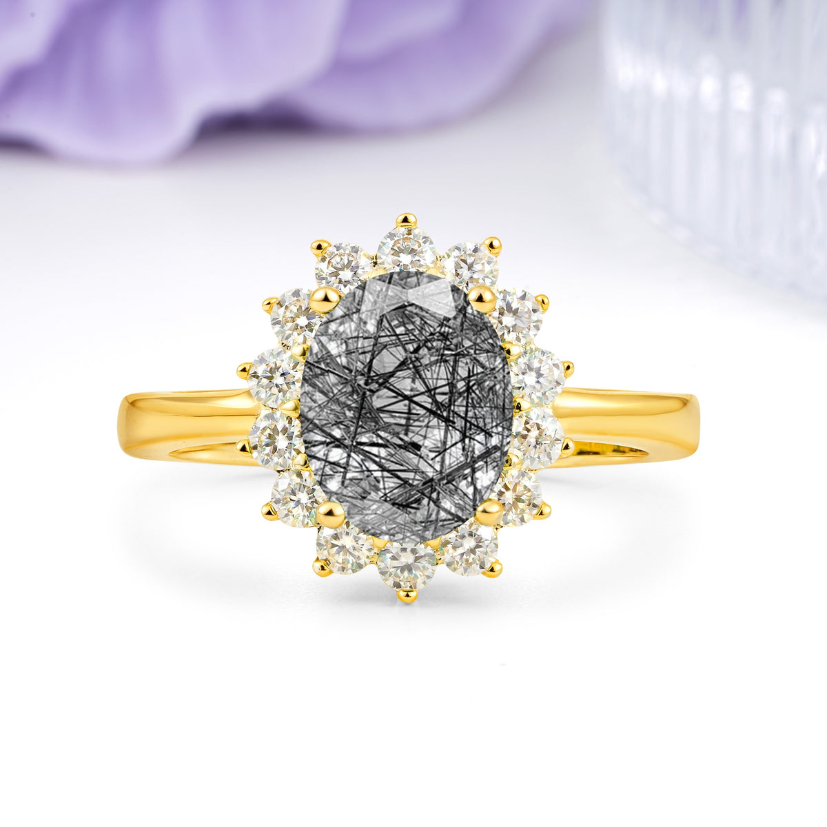 Luxury Classic 4-Prong Oval Cut Black Rutilated Quartz Engagement Ring - Additional view