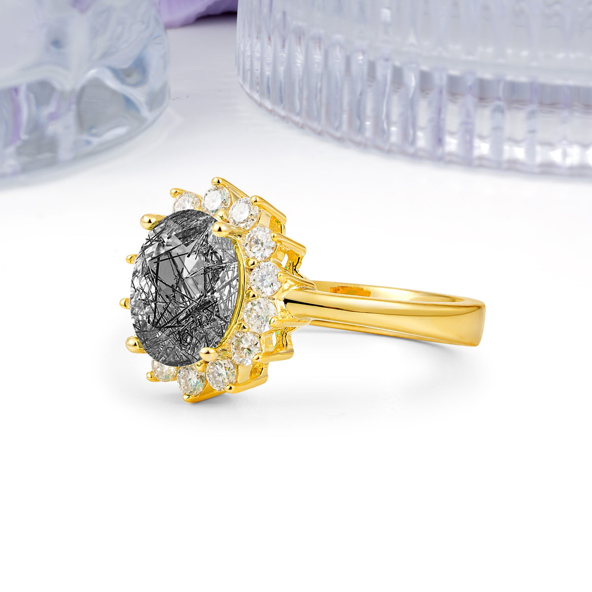 Luxury Classic 4-Prong Oval Cut Black Rutilated Quartz Engagement Ring - Additional view