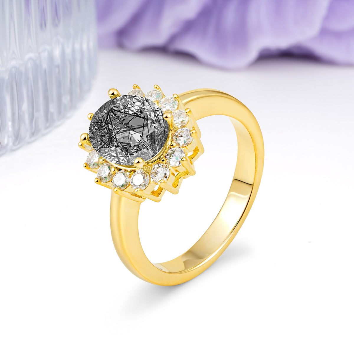 Luxury Classic 4-Prong Oval Cut Black Rutilated Quartz Engagement Ring - Additional view