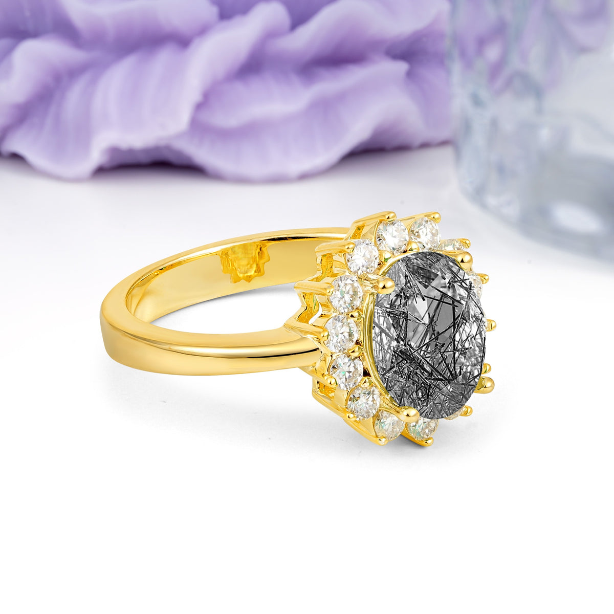 Luxury Classic 4-Prong Oval Cut Black Rutilated Quartz Engagement Ring - Additional view