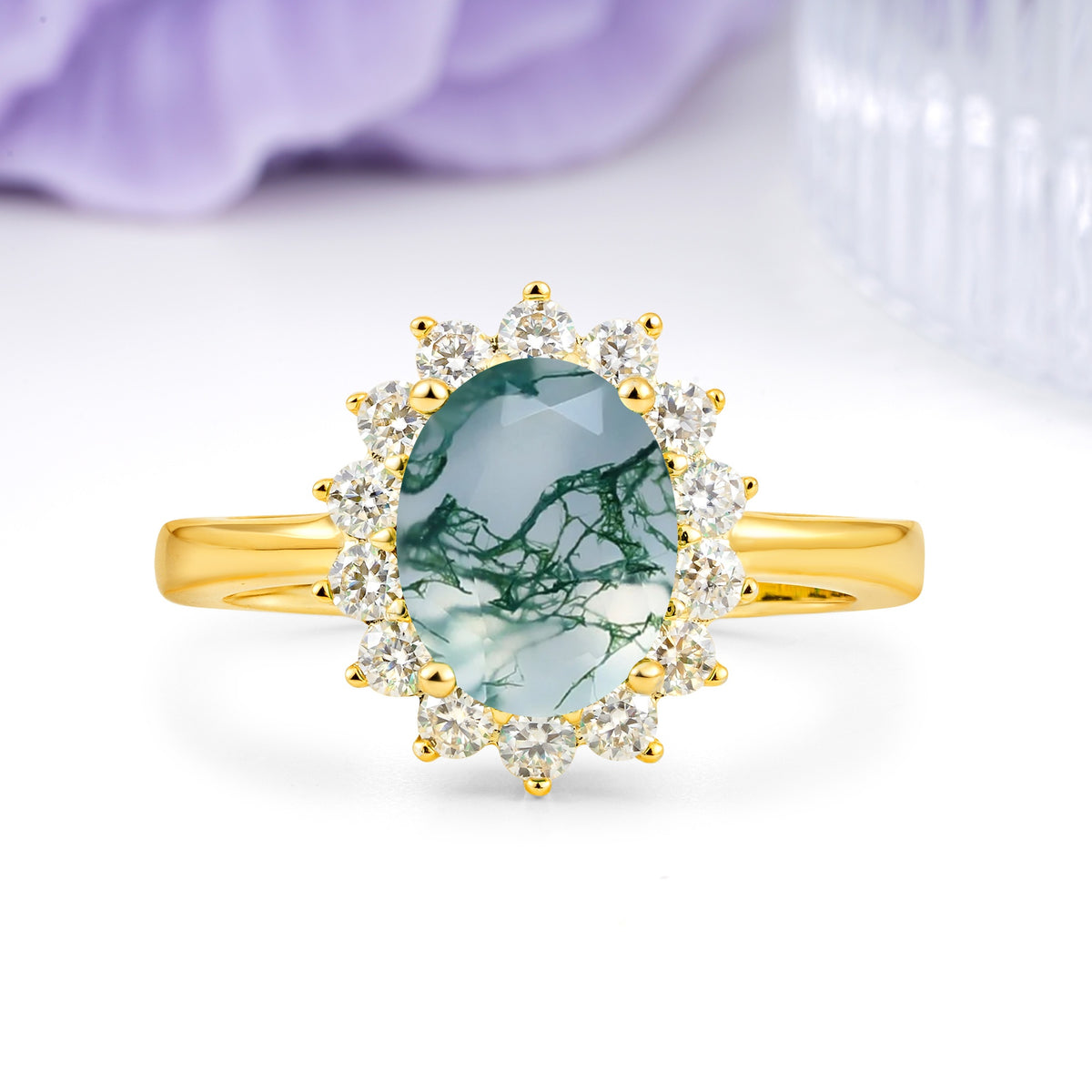 Luxury Classic 4-Prong Oval Cut Moss Agate Engagement Ring - Additional view