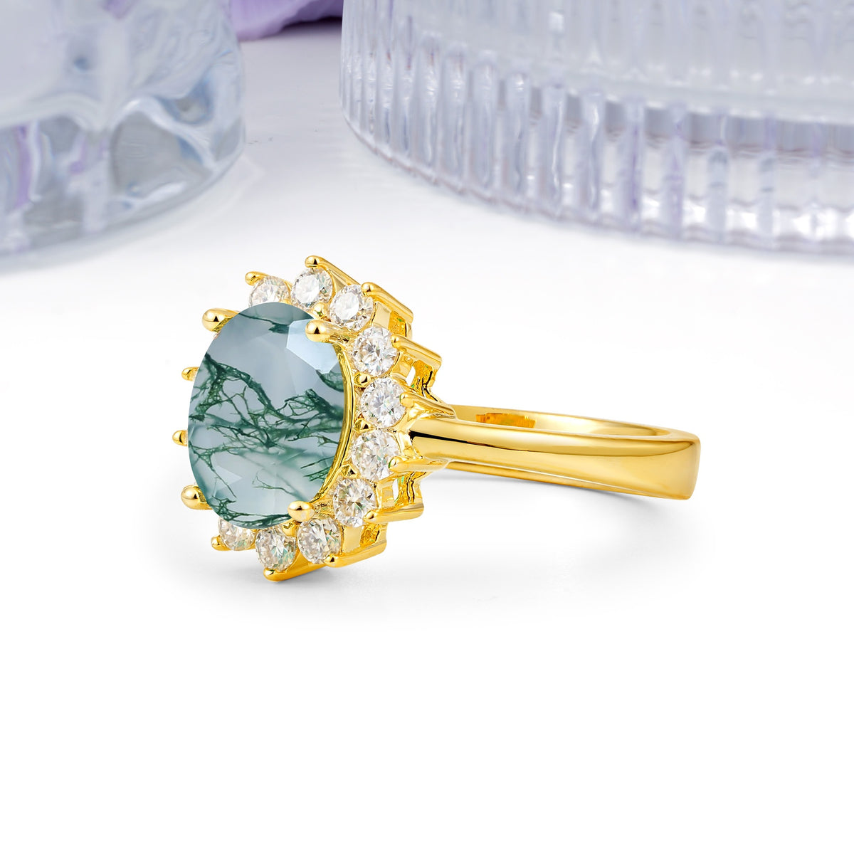 Luxury Classic 4-Prong Oval Cut Moss Agate Engagement Ring - Additional view