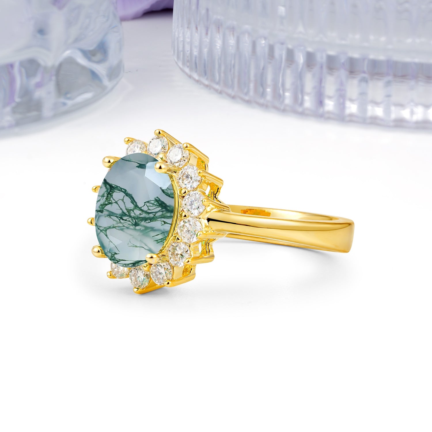 Luxury Classic 4-Prong Oval Cut Moss Agate Engagement Ring - Additional view