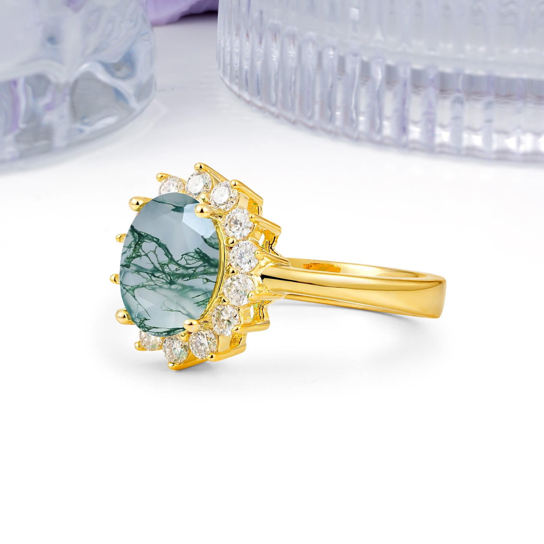 Luxury Classic 4-Prong Oval Cut Moss Agate Engagement Ring - Additional view
