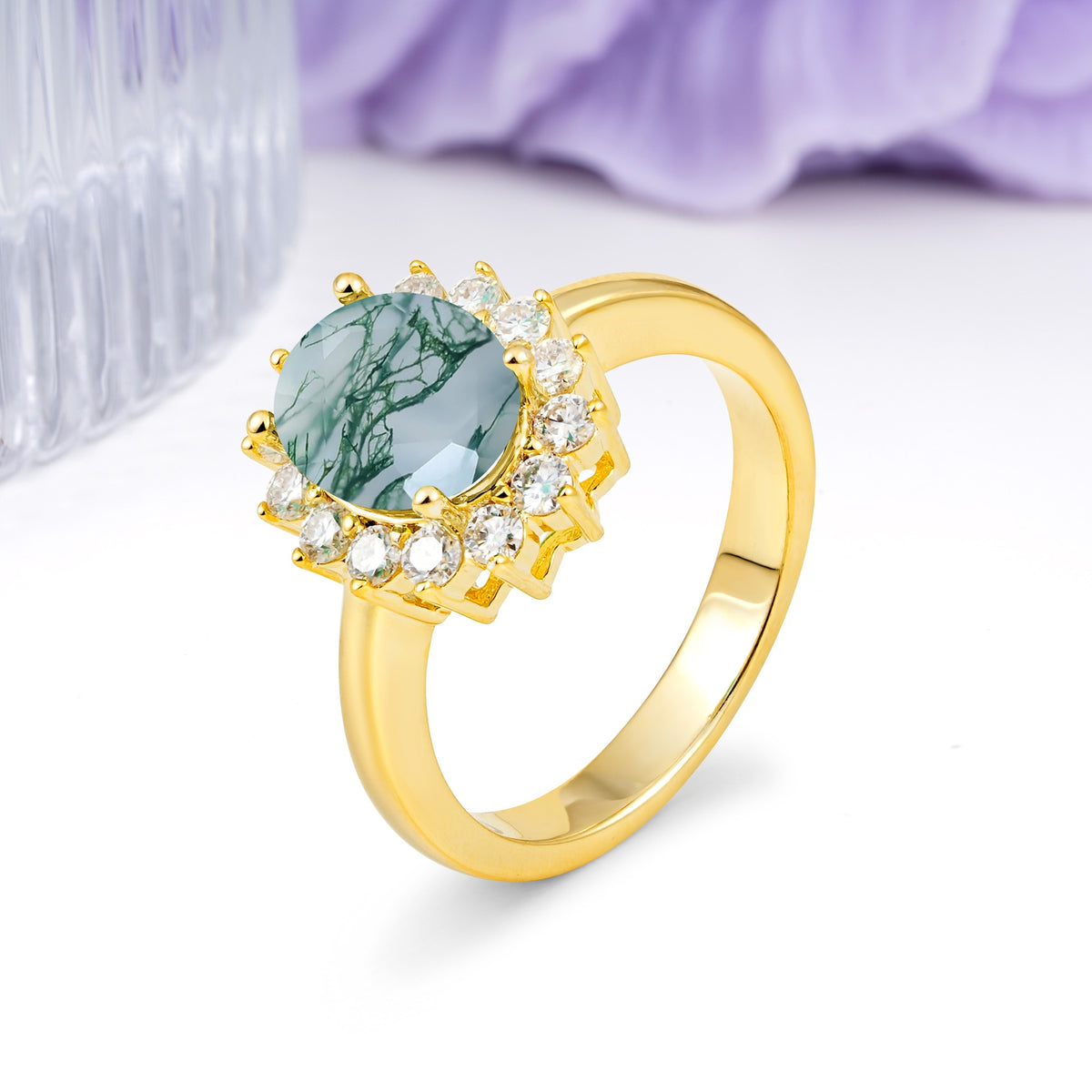 Luxury Classic 4-Prong Oval Cut Moss Agate Engagement Ring - Additional view